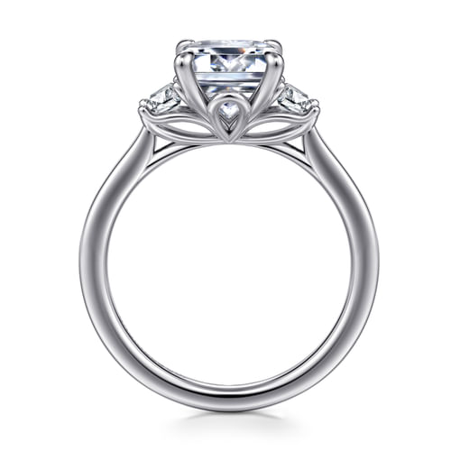14K White Gold Emerald Cut Three Stone Lotus Diamond Engagement Ring