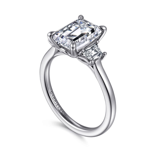 14K White Gold Emerald Cut Three Stone Lotus Diamond Engagement Ring