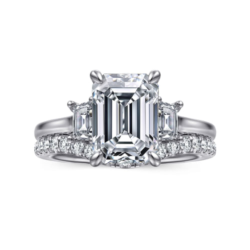 14K White Gold Emerald Cut Three Stone Lotus Diamond Engagement Ring