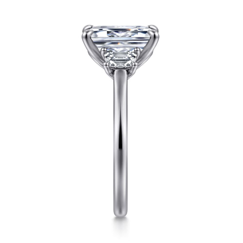 14K White Gold Emerald Cut Three Stone Lotus Diamond Engagement Ring