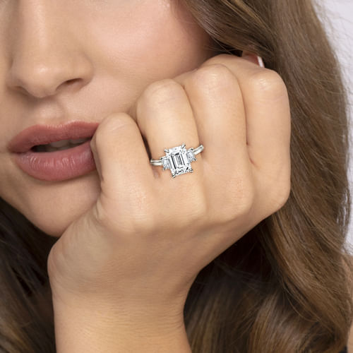 14K White Gold Emerald Cut Three Stone Lotus Diamond Engagement Ring
