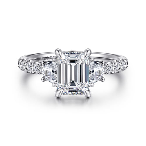 14K White Gold Emerald Cut Three Stone Lotus Diamond Engagement Ring