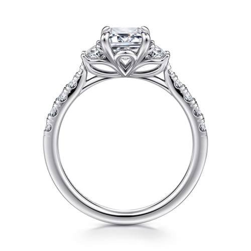 14K White Gold Emerald Cut Three Stone Lotus Diamond Engagement Ring