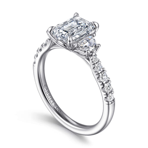 14K White Gold Emerald Cut Three Stone Lotus Diamond Engagement Ring