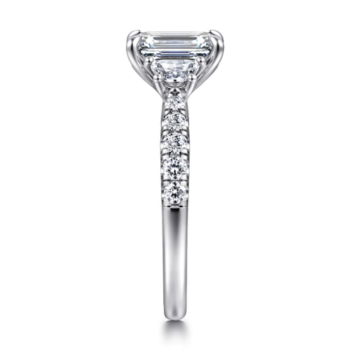 14K White Gold Emerald Cut Three Stone Lotus Diamond Engagement Ring