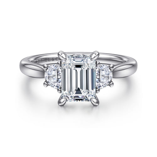 14K White Gold Emerald Cut Three Stone Lotus Diamond Engagement Ring