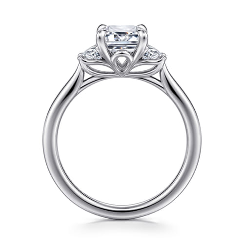 14K White Gold Emerald Cut Three Stone Lotus Diamond Engagement Ring