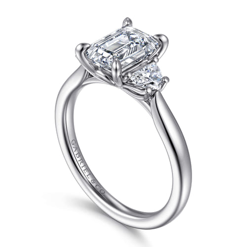 14K White Gold Emerald Cut Three Stone Lotus Diamond Engagement Ring