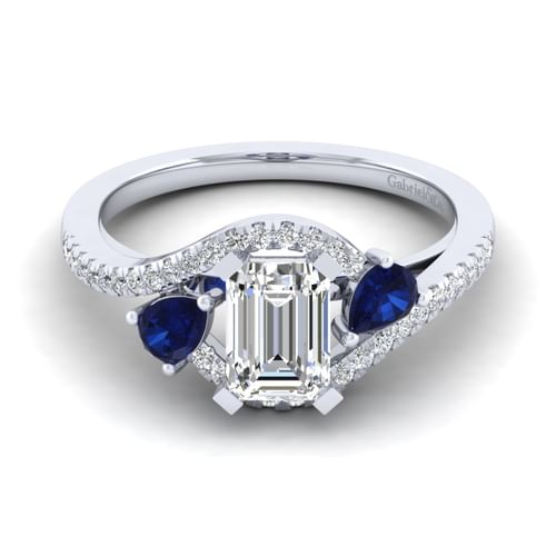 14K White Gold Emerald Cut Three Stone Sapphire and Diamond Engagement Ring