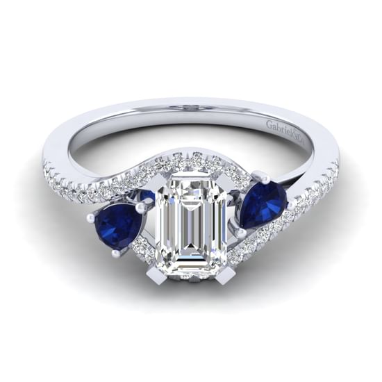Gabriel - 14K White Gold Emerald Cut Three Stone Sapphire and Diamond Engagement Ring
