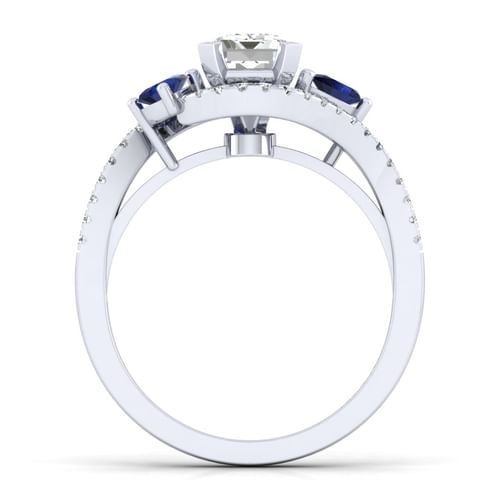 14K White Gold Emerald Cut Three Stone Sapphire and Diamond Engagement Ring