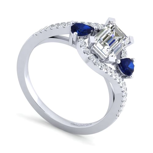 14K White Gold Emerald Cut Three Stone Sapphire and Diamond Engagement Ring