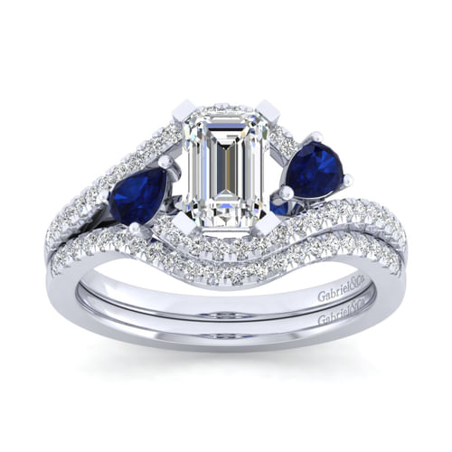 14K White Gold Emerald Cut Three Stone Sapphire and Diamond Engagement Ring