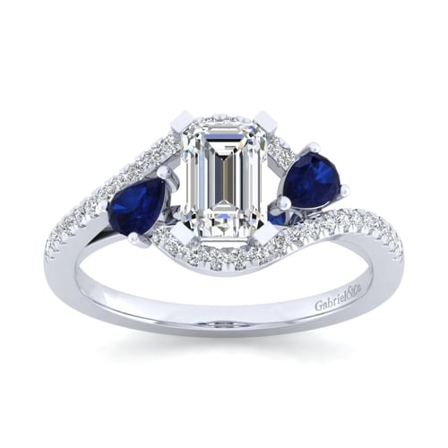 14K White Gold Emerald Cut Three Stone Sapphire and Diamond Engagement Ring