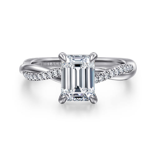 14K White Gold Emerald Cut Twisted Diamond Engagement Ring