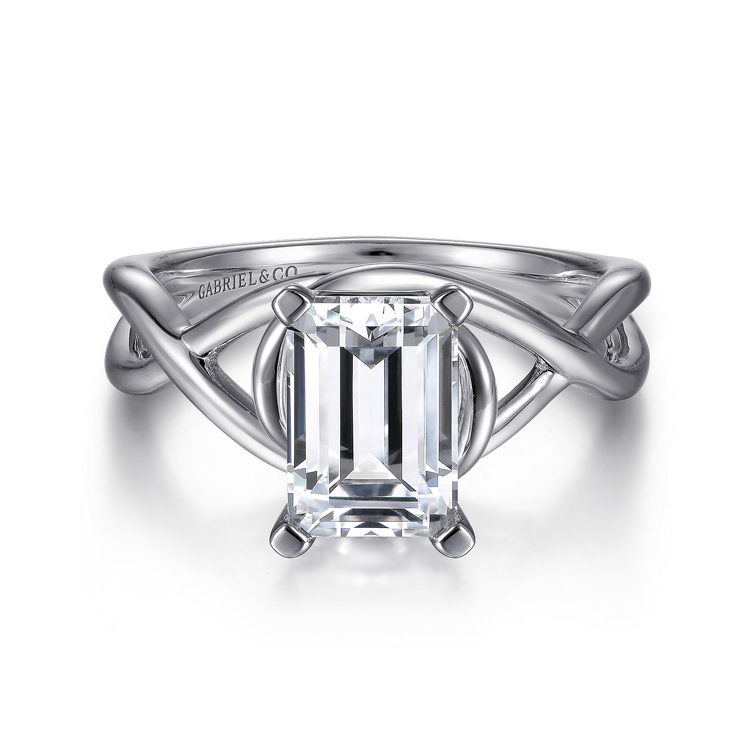 14K White Gold Emerald Cut Twisted Diamond Engagement Ring