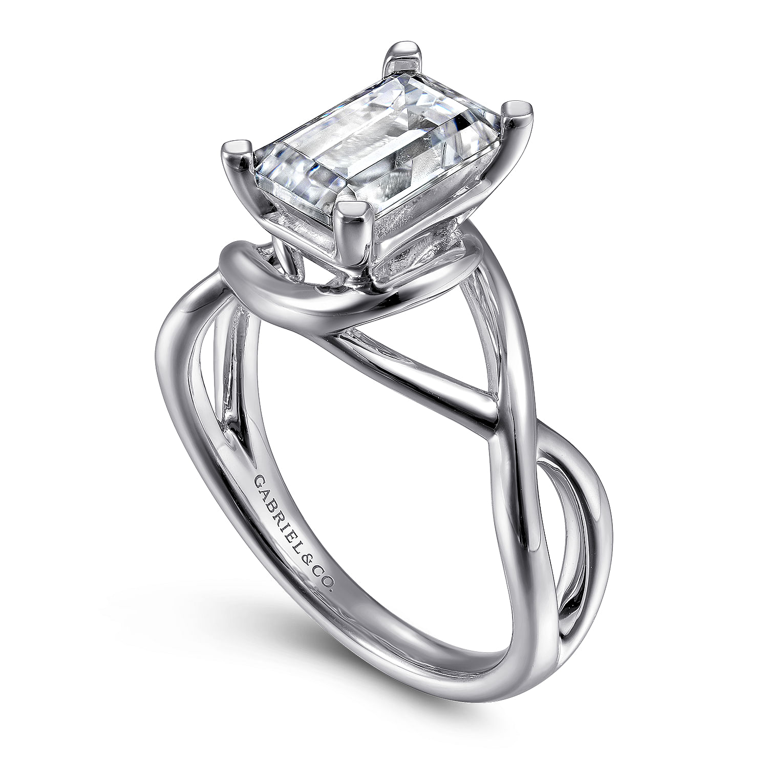 14K White Gold Emerald Cut Twisted Diamond Engagement Ring