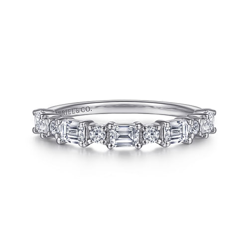 14K White Gold Emerald Cut and Round Diamond Anniversary Band