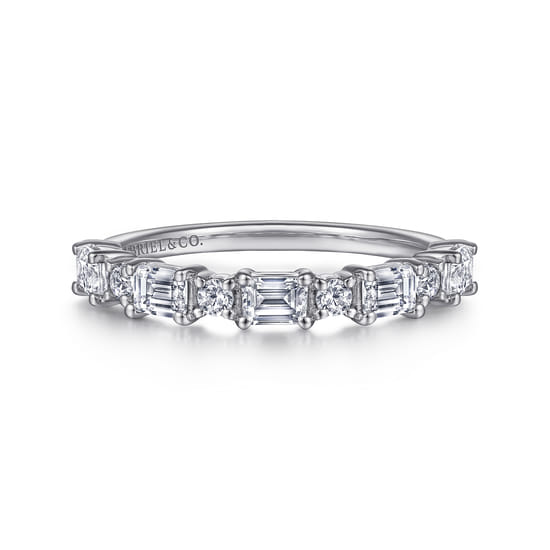 14K White Gold Emerald Cut and Round Diamond Anniversary Band