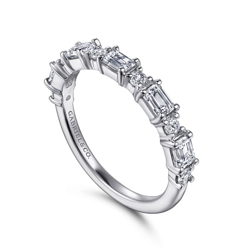 14K White Gold Emerald Cut and Round Diamond Anniversary Band