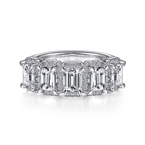 14K White Gold Emerald Cut and Round Diamond Halo Station Anniversary Band