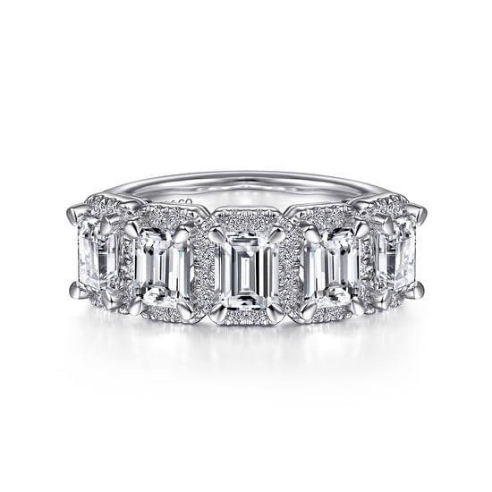 Gabriel - 14K White Gold Emerald Cut and Round Diamond Halo Station Anniversary Band