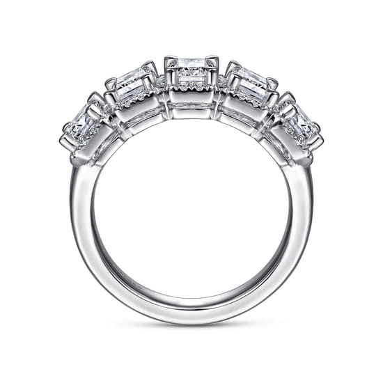 14K White Gold Emerald Cut and Round Diamond Halo Station Anniversary Band angle 2