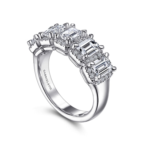 14K White Gold Emerald Cut and Round Diamond Halo Station Anniversary Band