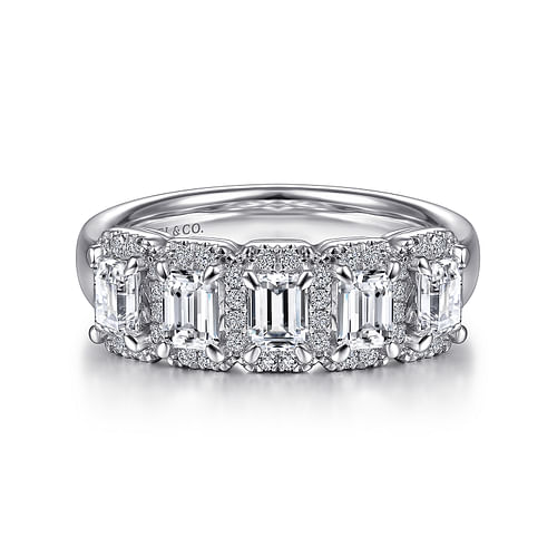 14K White Gold Emerald Cut and Round Diamond Halo Station Anniversary Band