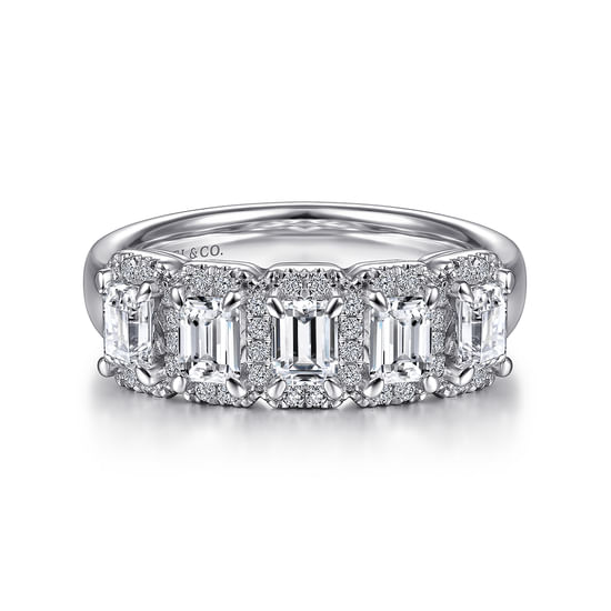Gabriel - 14K White Gold Emerald Cut and Round Diamond Halo Station Anniversary Band