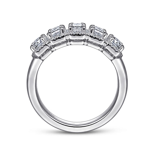 14K White Gold Emerald Cut and Round Diamond Halo Station Anniversary Band