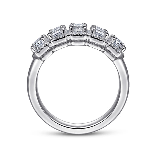 14K White Gold Emerald Cut and Round Diamond Halo Station Anniversary Band angle 2