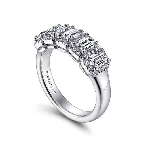 14K White Gold Emerald Cut and Round Diamond Halo Station Anniversary Band