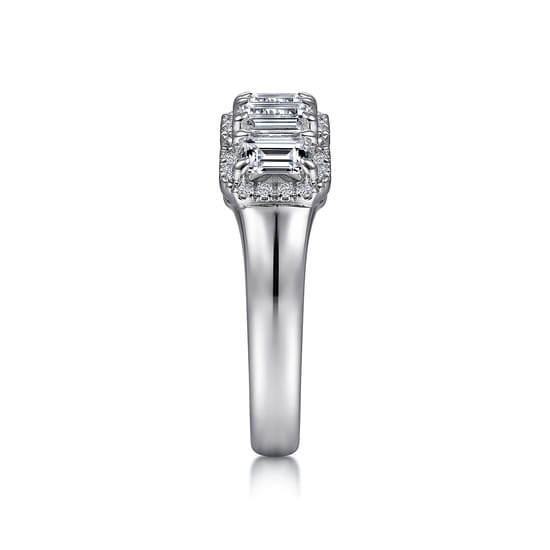 14K White Gold Emerald Cut and Round Diamond Halo Station Anniversary Band angle 4