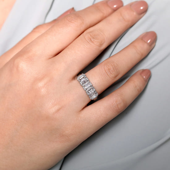 14K White Gold Emerald Cut and Round Diamond Halo Station Anniversary Band angle 5