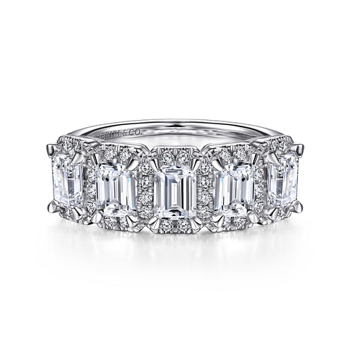 14K White Gold Emerald Cut and Round Diamond Halo Station Anniversary Band