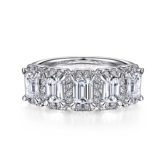 Gabriel - 14K White Gold Emerald Cut and Round Diamond Halo Station Anniversary Band