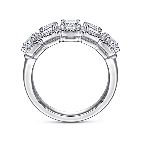 14K White Gold Emerald Cut and Round Diamond Halo Station Anniversary Band