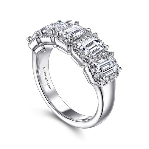 14K White Gold Emerald Cut and Round Diamond Halo Station Anniversary Band