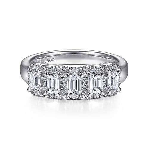 14K White Gold Emerald Cut and Round Diamond Halo Station Anniversary Band