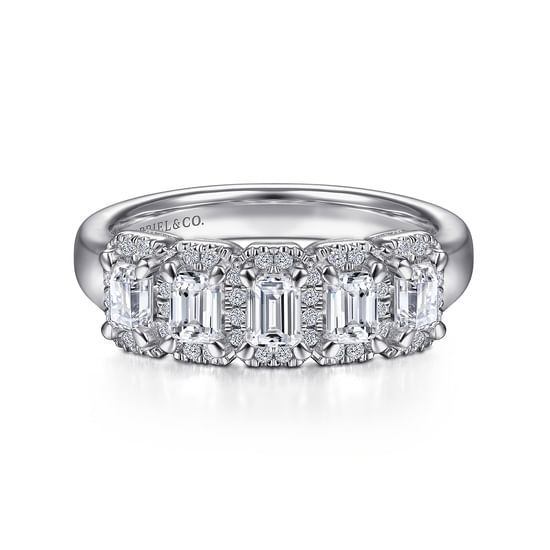 Gabriel - 14K White Gold Emerald Cut and Round Diamond Halo Station Anniversary Band