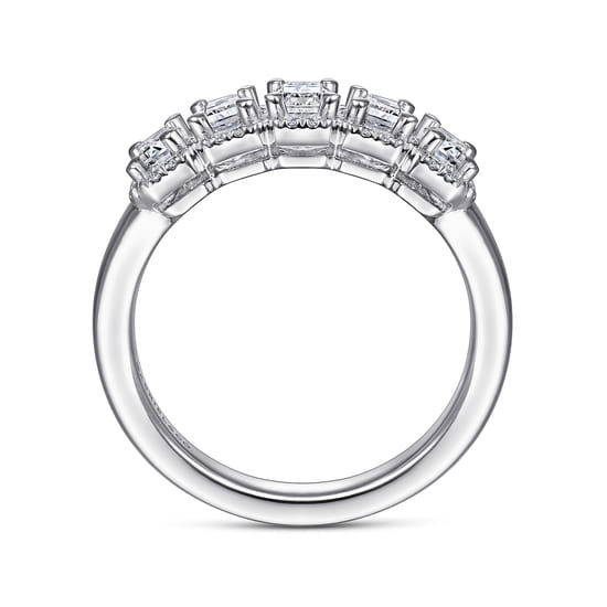 14K White Gold Emerald Cut and Round Diamond Halo Station Anniversary Band angle 2