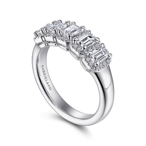 14K White Gold Emerald Cut and Round Diamond Halo Station Anniversary Band