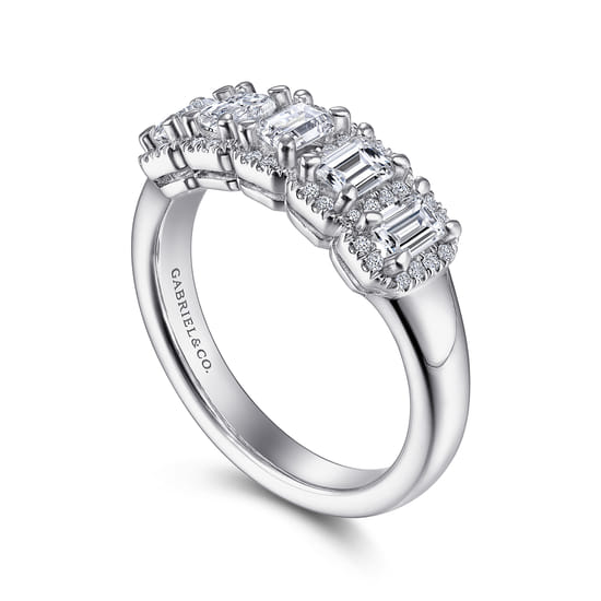 14K White Gold Emerald Cut and Round Diamond Halo Station Anniversary Band angle 3