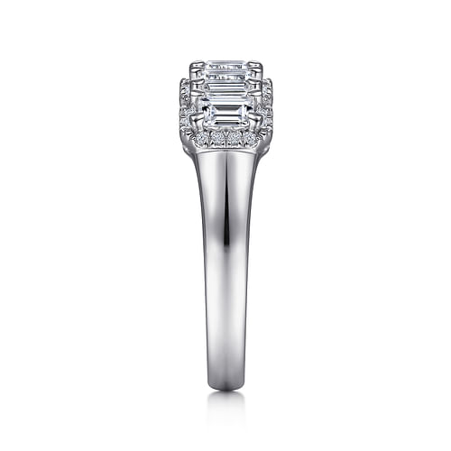 14K White Gold Emerald Cut and Round Diamond Halo Station Anniversary Band