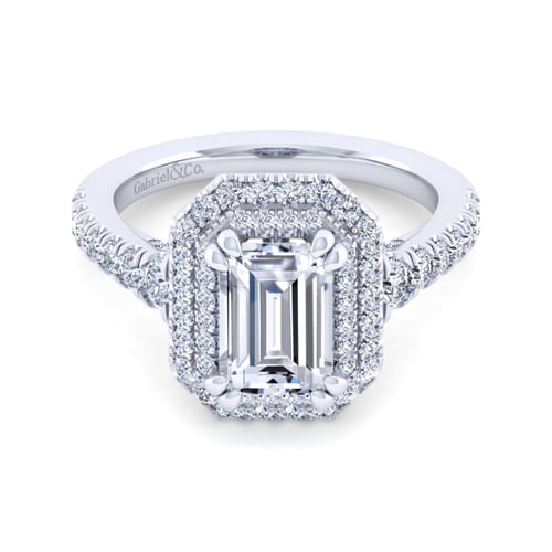 14K White Gold Emerald Double Halo Diamond Engagement Ring