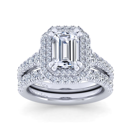 14K White Gold Emerald Double Halo Diamond Engagement Ring