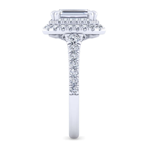14K White Gold Emerald Double Halo Diamond Engagement Ring
