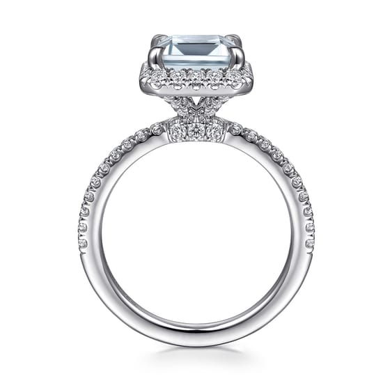14K White Gold Emerald Halo Aquamarine and Diamond Engagement Ring angle 2