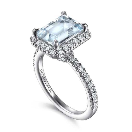 14K White Gold Emerald Halo Aquamarine and Diamond Engagement Ring angle 3